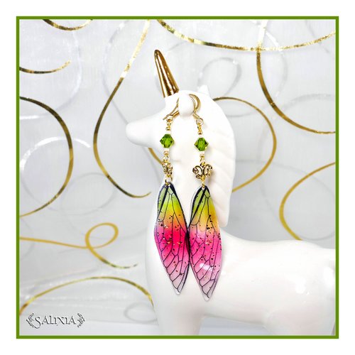 Boucles d'oreilles "odonata", ailes de libellules, cristal, connecteurs doré à l'or fin, crochets acier inoxydable doré (#bo531)