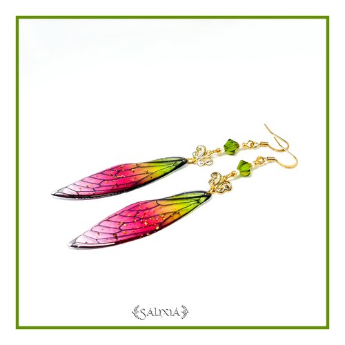 Boucles d'oreilles "odonata", ailes de libellules, cristal, connecteurs doré à l'or fin, crochets acier inoxydable doré (#bo531)