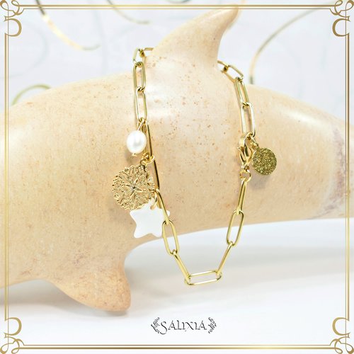 Bracelet tina étoile, breloque en nacre, filigrane doré à l'or fin, perle de culture d'eau douce, acier inoxydable doré (#bc165)