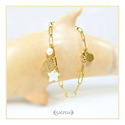 Bracelet tina étoile, breloque en nacre, filigrane doré à l'or fin, perle de culture d'eau douce, acier inoxydable doré (#bc165)