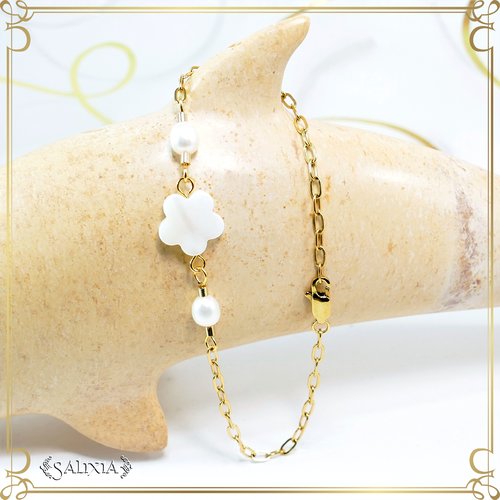 Bracelet tina fleur de nacre, perles de culture d'eau douce, acier inoxydable doré (#bc166)