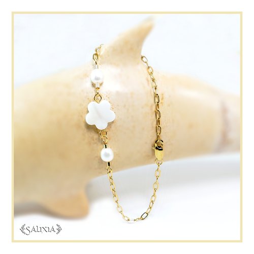 Bracelet tina fleur de nacre, perles de culture d'eau douce, acier inoxydable doré (#bc166)