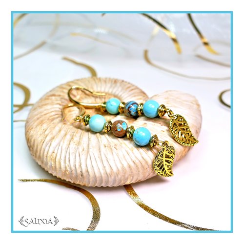 Boucles d'oreilles "kalinda" agate d'indonésie et turquoise naturelle crochets doré à l'or fin (#bo318 p92)