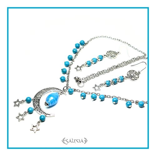 Collier "athena" perles de jade turquoise chaîne et mousqueton acier inoxydable (#c78 p90)