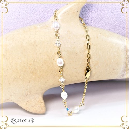 Bracelet tina cristal aurore boréale, perles de culture d'eau douce ivoire, acier inoxydable doré (#bc169)