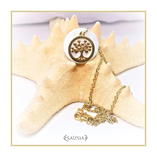 Collier tina breloque arbre de vie sur un pendentif en nacre naturelle, acier inoxydable doré (#c180)