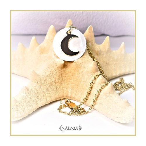 Collier tina breloque lune sur un pendentif en nacre naturelle, acier inoxydable doré (#c182)