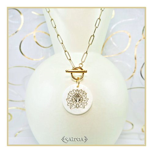 Collier tina pendentif en nacre naturelle orné d'une fleur de lotus acier inoxydable doré (#c183)