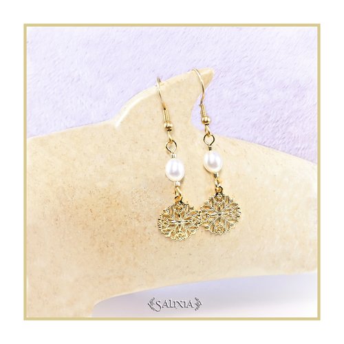 Boucles d'oreilles tina perles de culture d'eau douce breloques dorée à l'or fin crochets acier inoxydablr doré (#bo541)