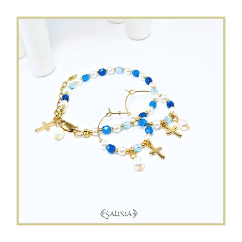 Bracelet "nola" aquamarine perles de culture d'eau douce ivoire perles de bohème acier inoxydable doré (#bc180 p175)