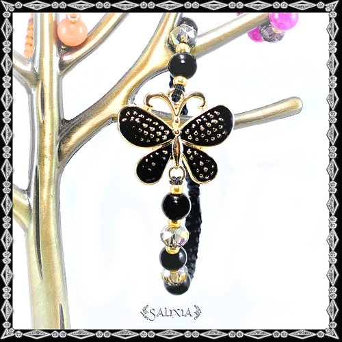 Bracelet papillon émaillé noir, perles de jade noires, perles à facettes black diamond, tissage macramé (#bc170)
