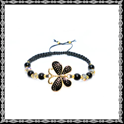 Bracelet papillon émaillé noir, perles de jade noires, perles à facettes black diamond, tissage macramé (#bc170)