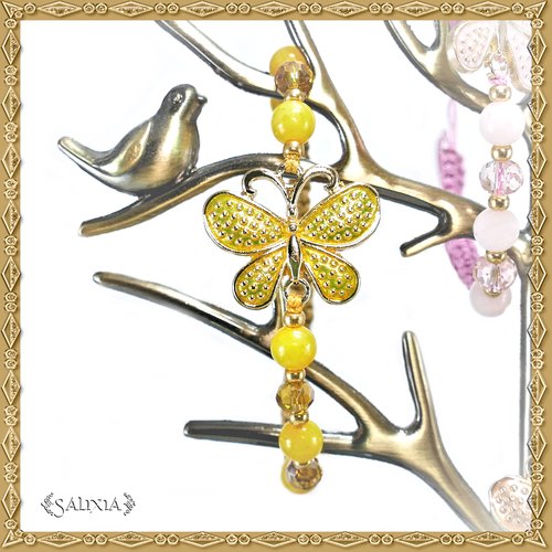 Bracelet papillon émaillé jaune, perles de jade, perles à facettes topaze clair, tissage macramé (#bc172)