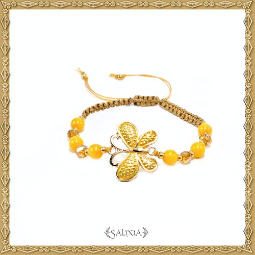 Bracelet papillon émaillé jaune, perles de jade, perles à facettes topaze clair, tissage macramé (#bc172)