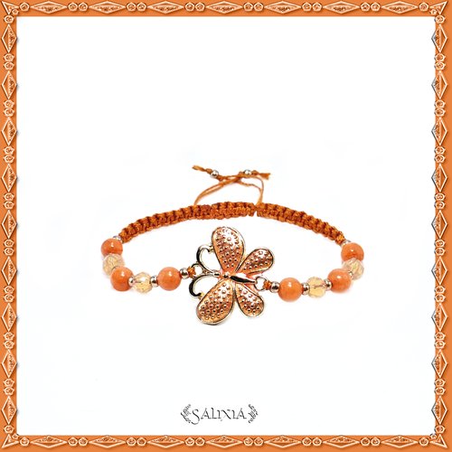 Bracelet papillon émaillé orange clair, perles de jade, perles à facettes abricot opale, tissage macramé (#bc173)