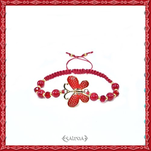 Bracelet papillon émaillé rouge, perles de jade rouges, perles à facettes rouges, tissage macramé (#bc174)