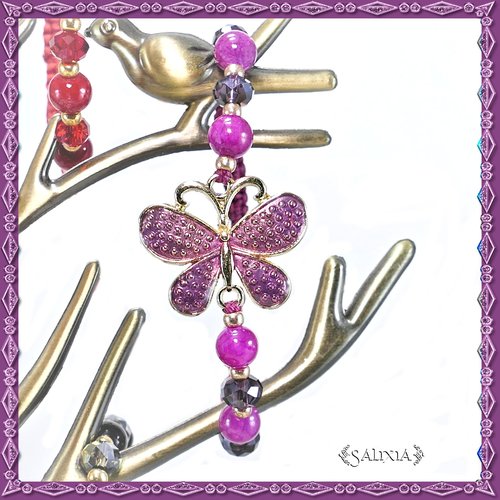 Bracelet papillon émaillé prune, perles de jade fuchsia, perles à facettes améthyste, tissage macramé (#bc175)