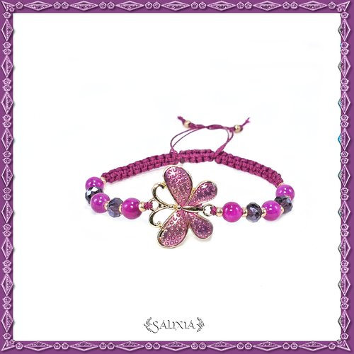 Bracelet papillon émaillé prune, perles de jade fuchsia, perles à facettes améthyste, tissage macramé (#bc175)