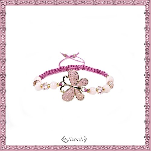 Bracelet papillon émaillé rose, perles de jade, perles à facettes rose, tissage macramé (#bc176)