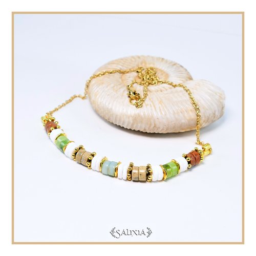 Collier heishi pierres fines de jaspe et de jade coquillage blanc pur chaine et mousqueton acier inoxydable doré choix de la taille (#c186)