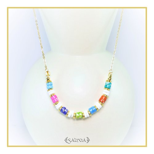 Collier heishi pierres gemmes et coquillage blanc pur acier inoxydable doré choix de la taille (#c187)