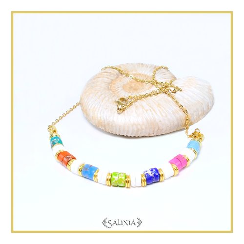Collier heishi pierres gemmes et coquillage blanc pur acier inoxydable doré choix de la taille (#c187)