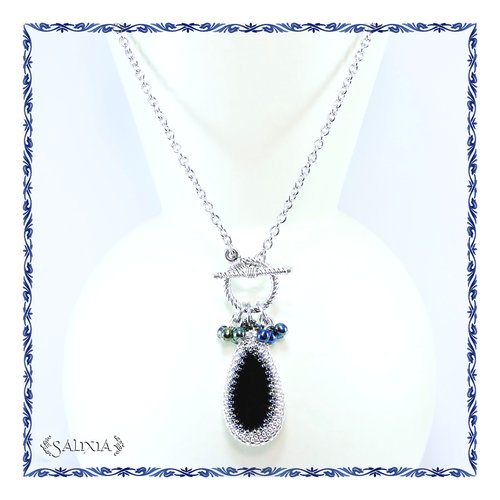 Pièce unique - collier pendentif tissé à l'aiguille perles japonaises pierre fine d'agate noire chaine acier inoxydable (#c185)