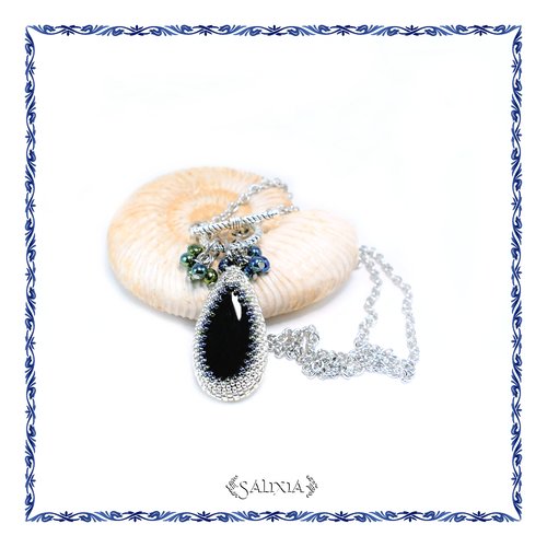 Pièce unique - collier pendentif tissé à l'aiguille perles japonaises pierre fine d'agate noire chaine acier inoxydable (#c185)