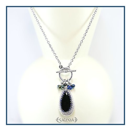 Pièce unique - collier pendentif tissé à l'aiguille perles japonaises pierre fine d'agate noire chaine acier inoxydable (#c185)