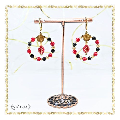 Boucles d'oreilles créoles coccinelles perles de jade et d'agate dormeuses ou crochets au choix (#bo551)