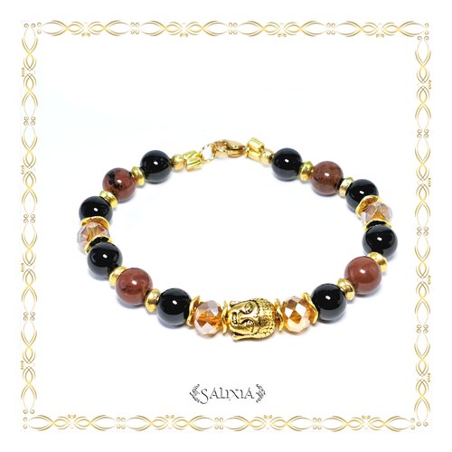 Bracelet bouddha doré pierres fines d'agate noire et d'obsidienne acajou mousqueton acier inoxydable doré (#bc181)