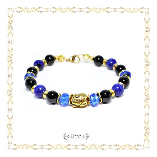 Bracelet bouddha doré pierres fines d'agate noire et de lapis lazuli mousqueton acier inoxydable doré (#bc182)