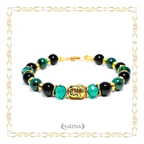 Bracelet bouddha doré pierres fines d'agate noire et de malachite mousqueton en acier inoxydable doré (#bc183)