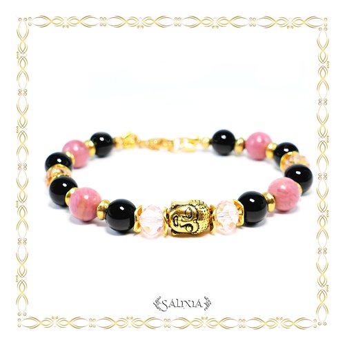 Bracelet bouddha doré pierres fines d'agate noire et de rhodonite mousqueton en acier inoxydable doré (#bc184)