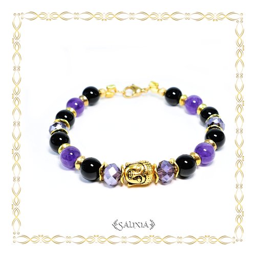 Bracelet bouddha doré pierres fines d'agate noire et d'améthyste mousqueton en acier inoxydable doré (#bc185)