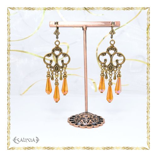 Boucles d'oreilles style art nouveau, gouttes ambrées ab et perles de bohème dormeuses ou crochets au choix (#bo552)