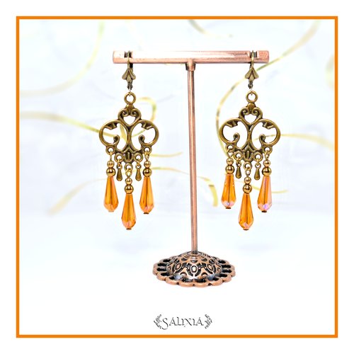 Boucles d'oreilles style art nouveau, gouttes ambrées ab et perles de bohème dormeuses ou crochets au choix (#bo552)