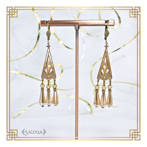 Pièce unique - boucles d'oreilles style art déco, gouttes ambre clair et perles de bohème (#bo553)