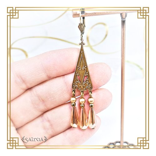 Pièce unique - boucles d'oreilles connecteurs art déco laiton haute qualité gouttes ambre clair et perles de bohème (#bo553)