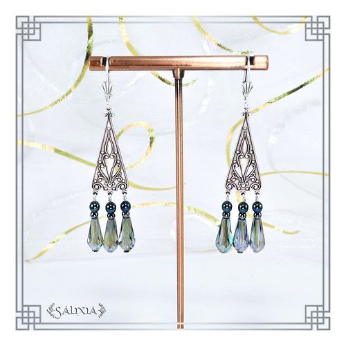 Pièce unique - boucles d'oreilles style art déco gouttes bleu-vert perles de bohème (#bo554)