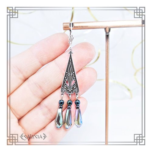 Pièce unique - boucles d'oreilles connecteurs art déco plaqué argent gouttes bleu-vert perles de bohème (#bo554)