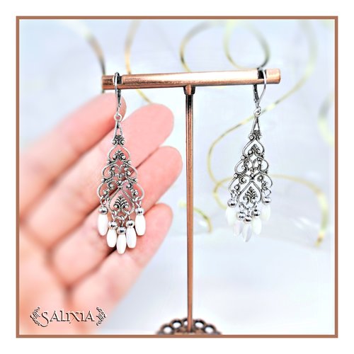 Boucles d'oreilles bohème gouttes de nacre naturelle pendant filigrane dormeuses ou crochets au choix (#bo555)