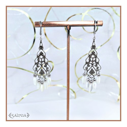 Boucles d'oreilles bohème gouttes de nacre naturelle pendant filigrane dormeuses ou crochets au choix (#bo555)