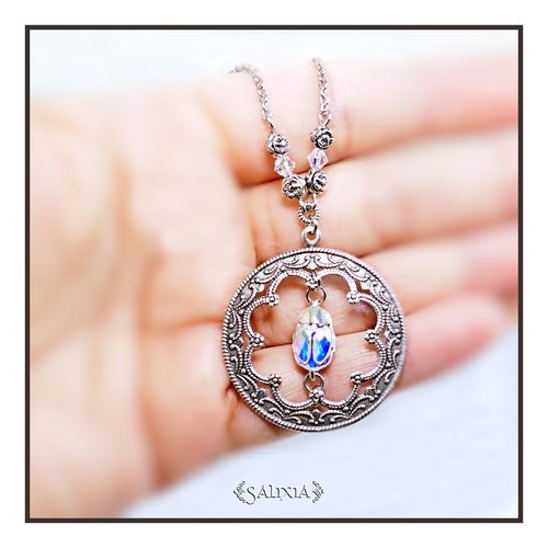 Pièce unique - collier esprit art nouveau pendentif plaqué argent scarabée sacré en cristal aurore boréale (#c188)