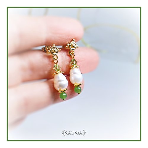 Boucles d'oreilles "soria" aventurine cristal perles de culture d'eau douce baroques puces ou crochets au choix (#bo557p177)