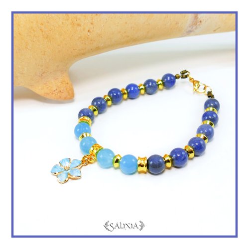 Bracelet fleur de myosotis pierres fines d'aventurine et de quartz bleu mousqueton en acier inoxydable doré (#bc188)