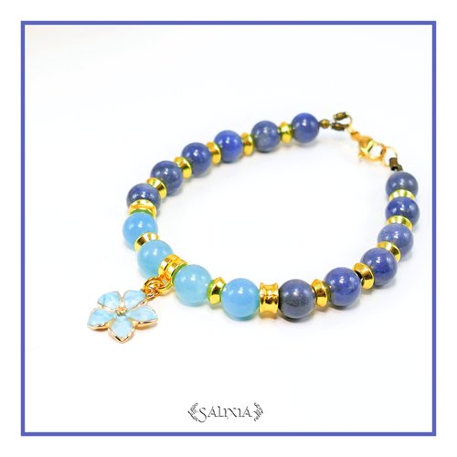Bracelet fleur de myosotis pierres fines d'aventurine et de quartz bleu mousqueton en acier inoxydable doré (#bc188)