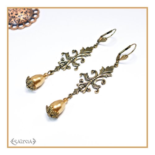 Pièce unique - boucles d'oreilles style renaissance laiton très haute qualité gouttes cristal nacrées gold (#bo565)