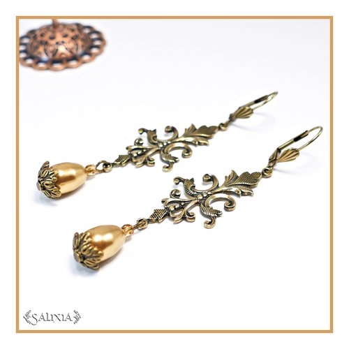 Pièce unique - boucles d'oreilles style renaissance laiton très haute qualité gouttes cristal nacrées gold (#bo565)