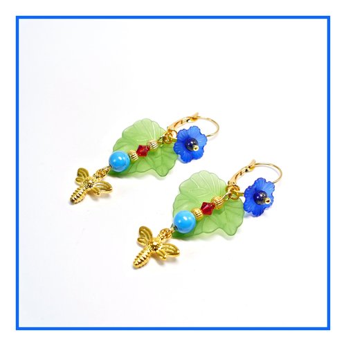 Boucles d'oreilles florales petites abeilles dorées cristal jade lapis lazuli dormeuses dorées à l'or fin (#bo567)